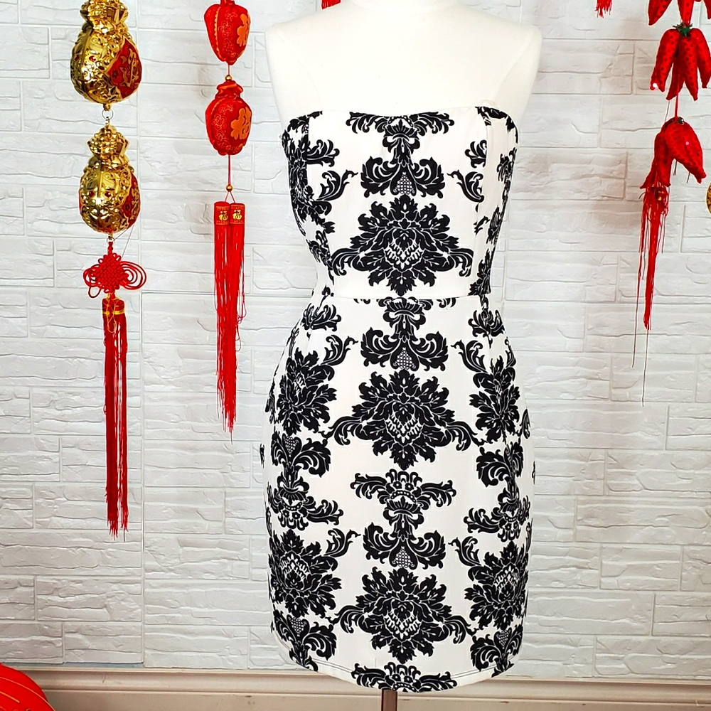 Black and white strapless dress